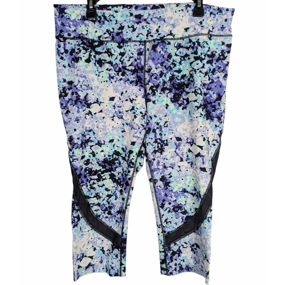 Calvin Klein blue white abstract cropped stretch active leggings 2X mesh insert